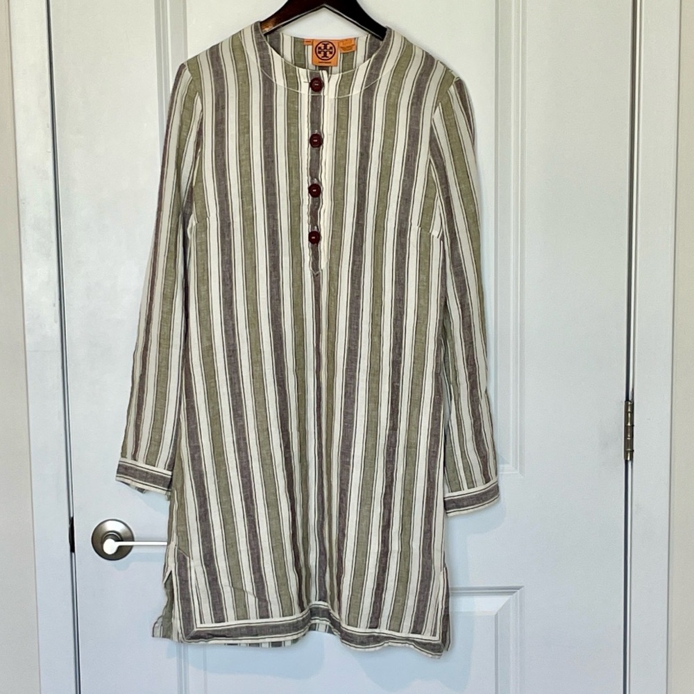Tory Burch Cream and Olive Striped Midi Dress
